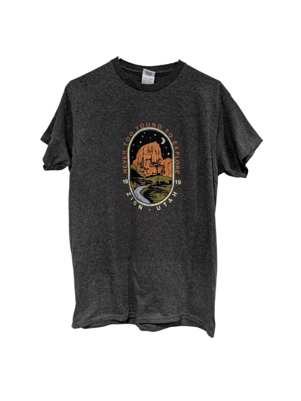 Zion Utah Men's T-Shirt, Gray, Medium, "Never Too Young Too Explore, Delta Pro